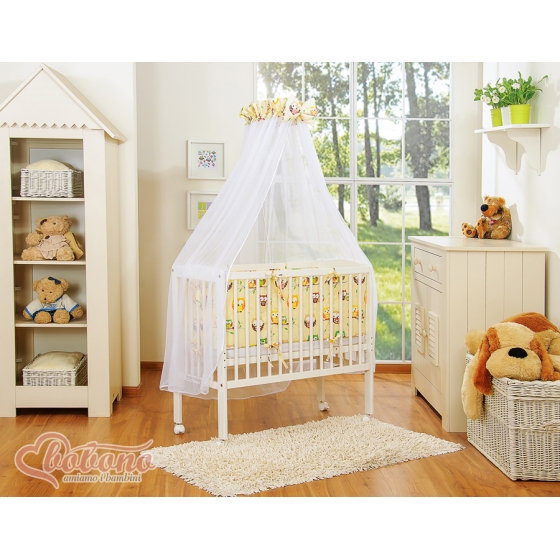 Spjälsäng bedside Sidosäng med bäddset och madrass Basic- Cream ugglor
