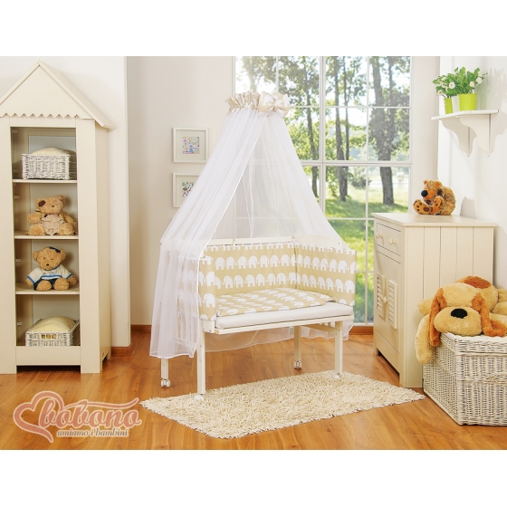 Spjälsäng bedside Sidosäng med madrass med sängkläder Basic Elefanter beige