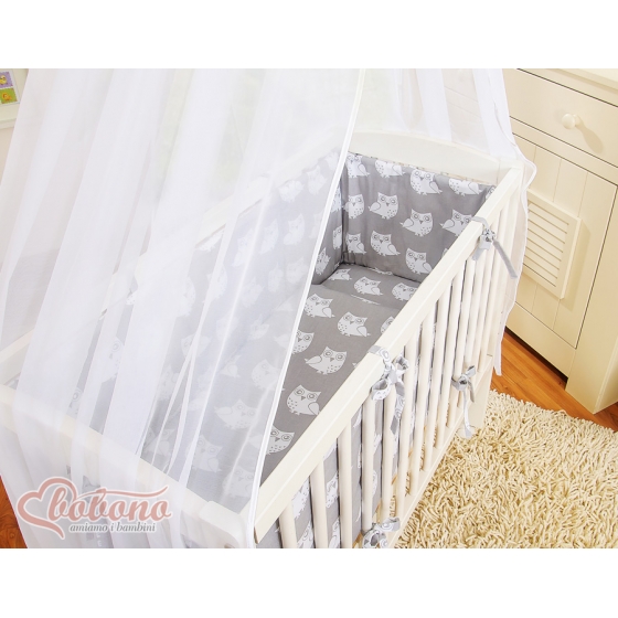 Spjälsäng bedside Sidosäng med madrass med sängkläder Basic Ugglor grå