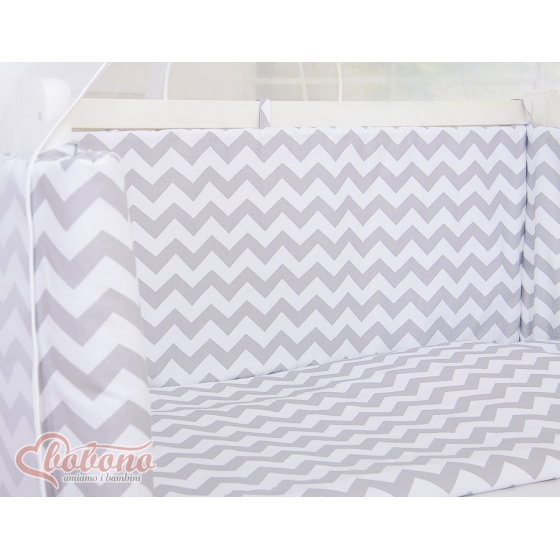 Spjälsäng bedside Sidosäng med madrass med sängkläder Basic zigzag grå