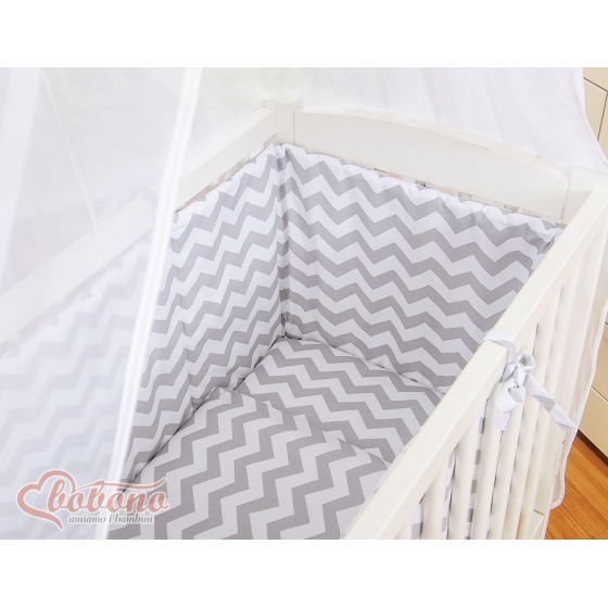 Spjälsäng bedside Sidosäng med madrass med sängkläder Basic zigzag grå