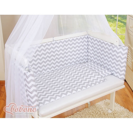 Spjälsäng bedside Sidosäng med madrass med sängkläder Basic zigzag grå