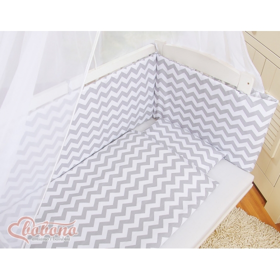 Spjälsäng bedside Sidosäng med madrass med sängkläder Basic zigzag grå