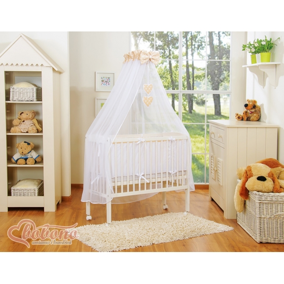 Spjälsäng bedside Sidosäng med madrass med sängkläder hjärtan Vita Prickar på beige
