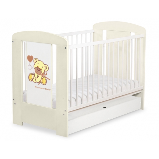 Spjälsäng 120x60cm Nallebjörn med rosett cream med lådor STANDARD