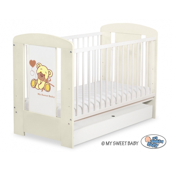 Spjälsäng 120x60cm Nallebjörn med rosett cream med lådor STANDARD