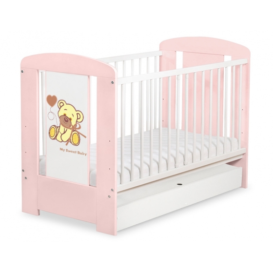 Spjälsäng 120x60cm Nallebjörn med rosett rosa med lådor STANDARD