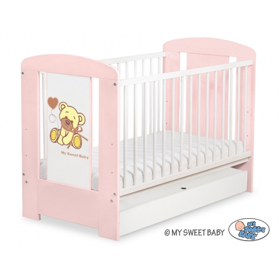 Spjälsäng 120x60cm Nallebjörn med rosett rosa med lådor STANDARD
