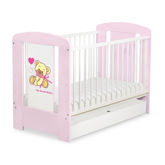 Spjälsäng 120x60cm Nallebjörn med rosett rosa med lådor STANDARD