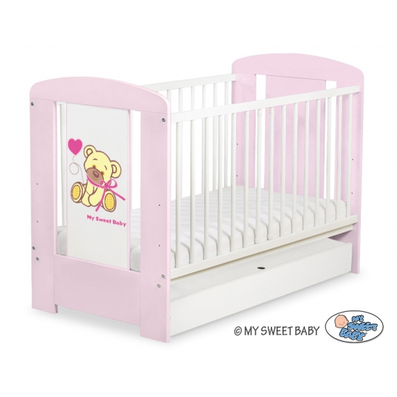 Spjälsäng 120x60cm Nallebjörn med rosett rosa med lådor STANDARD