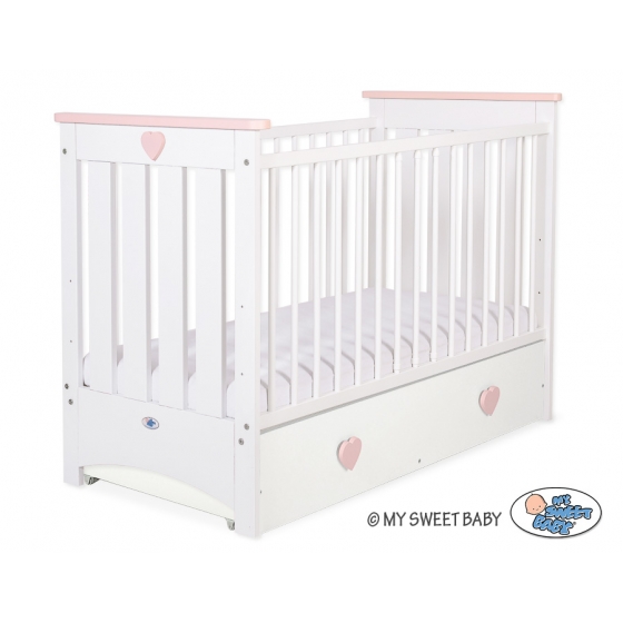 Spjälsäng 120x60cm vit/powder rosa med lådor MAXI
