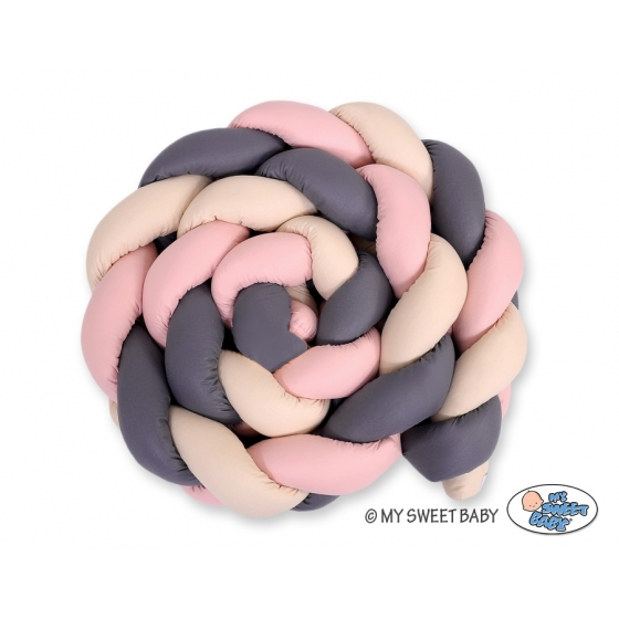 Spjälsängsskydd Fläta XXL- 360 cm beige-Antracit-pastel rosa