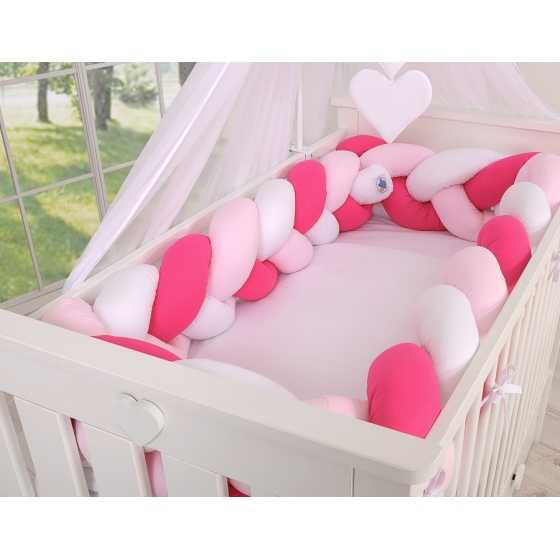 Spjälsängsskydd Fläta XXL- 360 cm vit-fuchsia-rosa