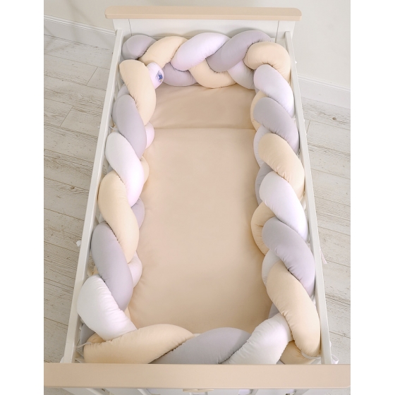 Spjälsängsskydd Fläta XXL- 360 cm vit-grå-beige