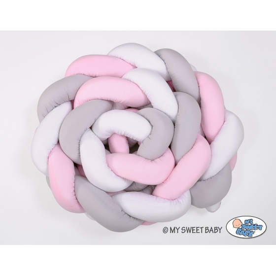 Spjälsängsskydd Fläta XXL- 360 cm vit-grå-rosa
