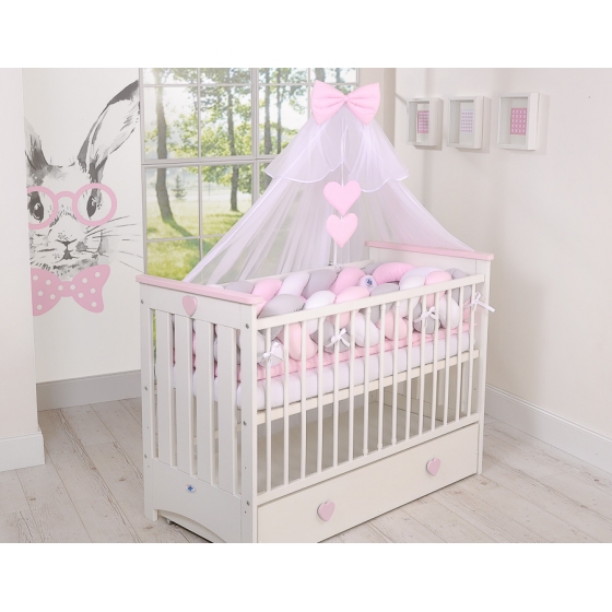 Spjälsängsskydd Fläta XXL- 360 cm vit-grå-rosa