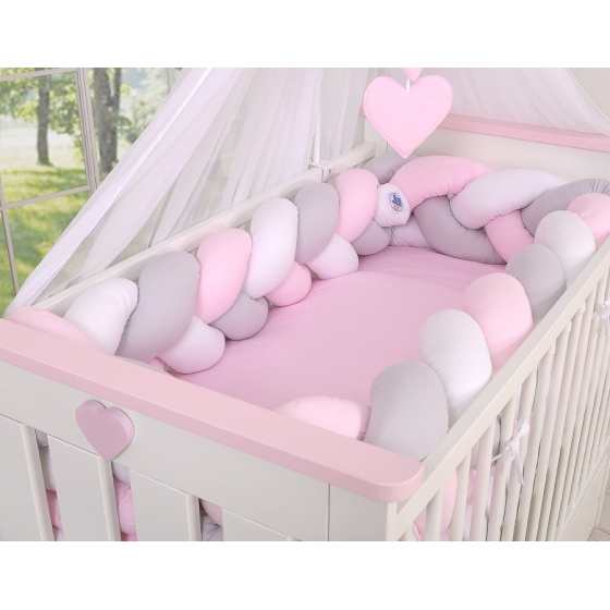 Spjälsängsskydd Fläta XXL- 360 cm vit-grå-rosa