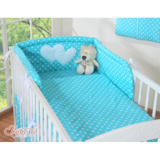 Spjälskydd till babysäng 120x60 och 140x70 hjärtan Vita Prickar på turquoise