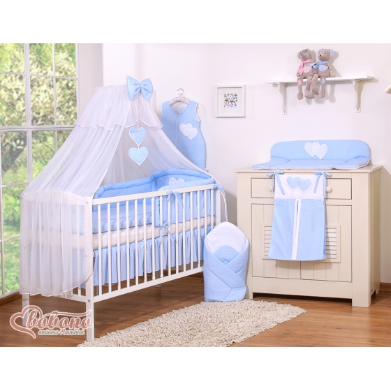 Stor myggnät till babysäng Chiffon hjärtan Vita Prickar på blå