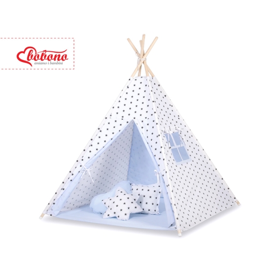 Tipi Lektält med lekmatta med dekorfjädrar Black stjärnor/blå