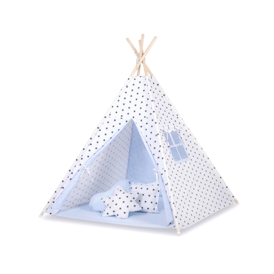Tipi Lektält med lekmatta med dekorfjädrar Black stjärnor/blå