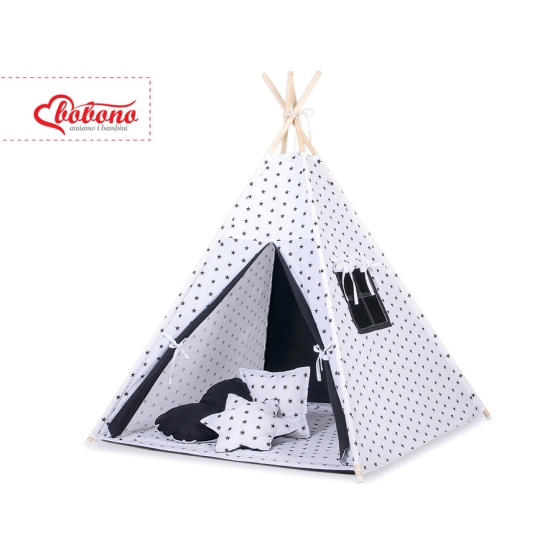 Tipi Lektält med lekmatta med dekorfjädrar Black stjärnor/black