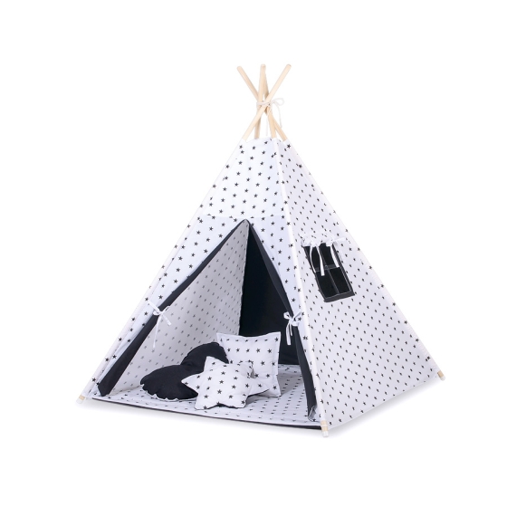 Tipi Lektält med lekmatta med dekorfjädrar Black stjärnor/black