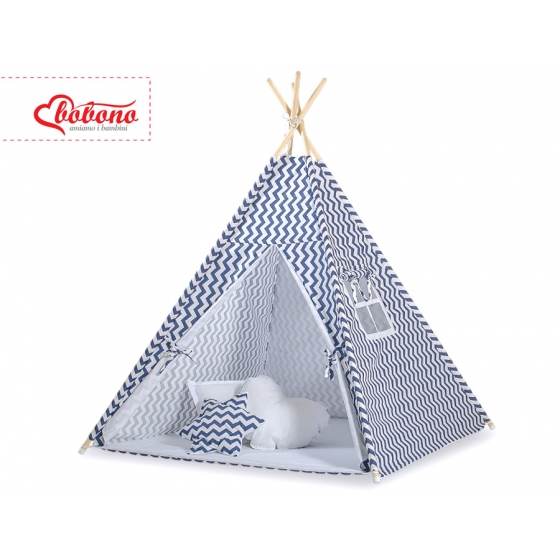 Tipi Lektält med lekmatta med dekorfjädrar Chevron marinblå