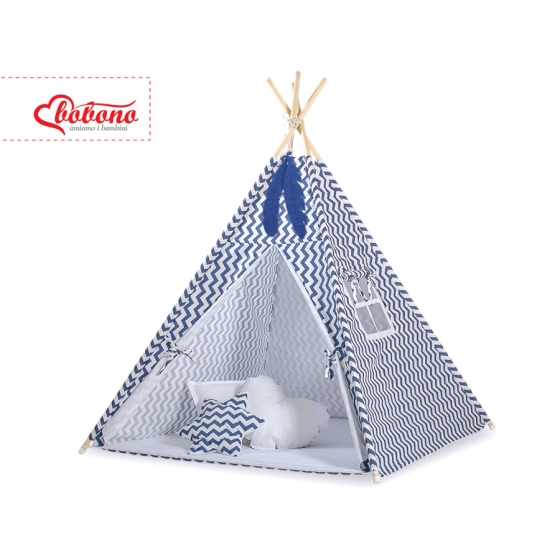 Tipi Lektält med lekmatta med dekorfjädrar Chevron marinblå
