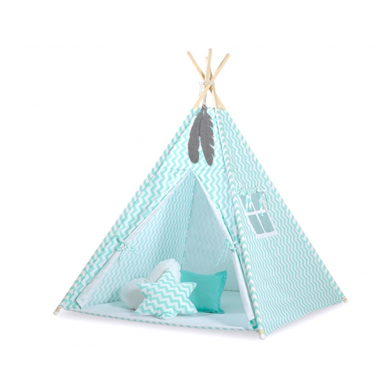 Tipi Lektält med lekmatta med dekorfjädrar Chevron mynta