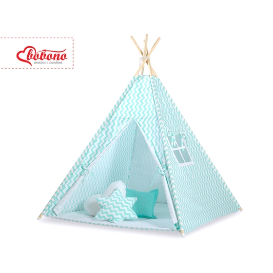 Tipi Lektält med lekmatta med dekorfjädrar Chevron mynta