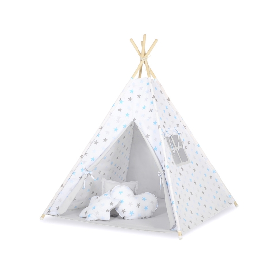 Tipi Lektält med lekmatta med dekorfjädrar Grå-blå stjärnor/grå