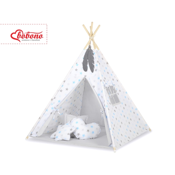 Tipi Lektält med lekmatta med dekorfjädrar Grå-blå stjärnor/grå