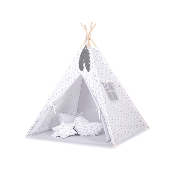 Tipi Lektält med lekmatta med dekorfjädrar Grå Pilar