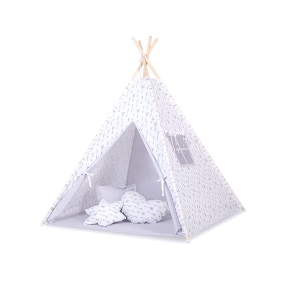 Tipi Lektält med lekmatta med dekorfjädrar Grå Pilar