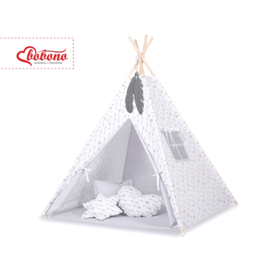 Tipi Lektält med lekmatta med dekorfjädrar Grå Pilar