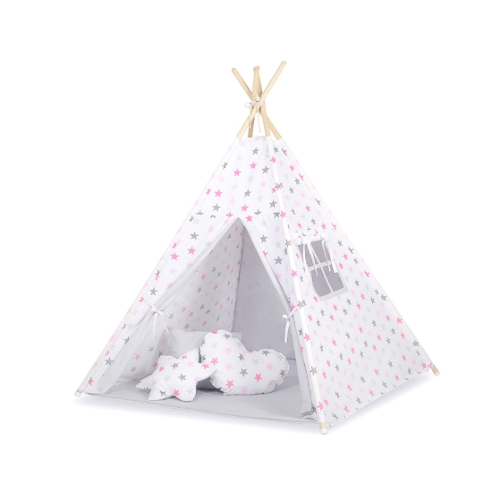 Tipi Lektält med lekmatta med dekorfjädrar Grå-rosa stjärnor/grå