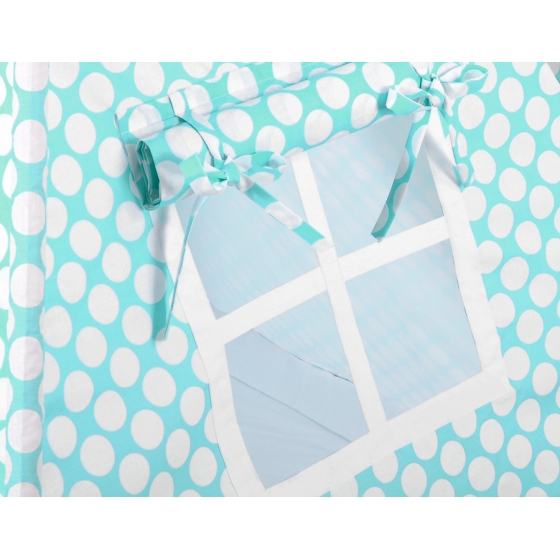 Tipi Lektält med lekmatta med dekorfjädrar turquoise med Vita Prickar