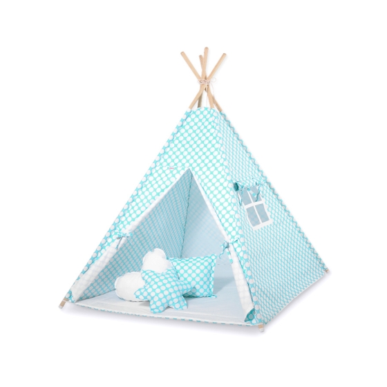 Tipi Lektält med lekmatta med dekorfjädrar turquoise med Vita Prickar