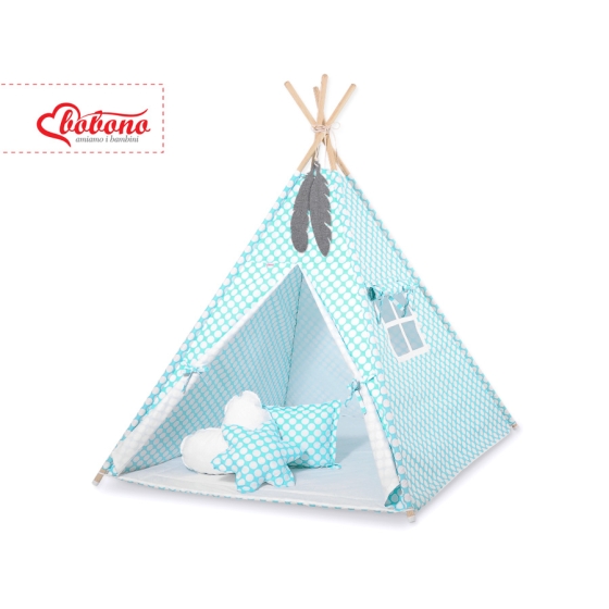Tipi Lektält med lekmatta med dekorfjädrar turquoise med Vita Prickar