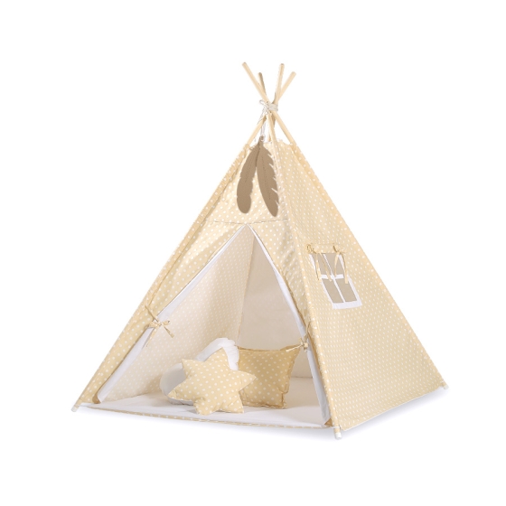 Tipi Lektält med lekmatta med dekorfjädrar Vita Prickar på beige