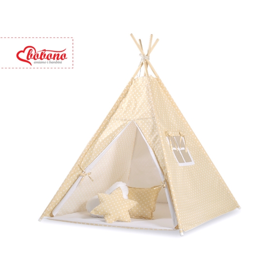 Tipi Lektält med lekmatta med dekorfjädrar Vita Prickar på beige