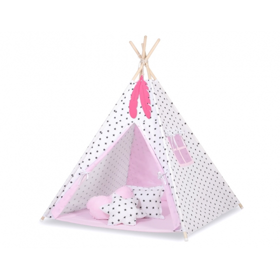 Tipi Lektält med lekmatta och dekorfjädrar- Black stjärnor/rosa