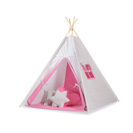 Tipi Lektält med lekmatta och dekorfjädrar- Grey checkered-rosa