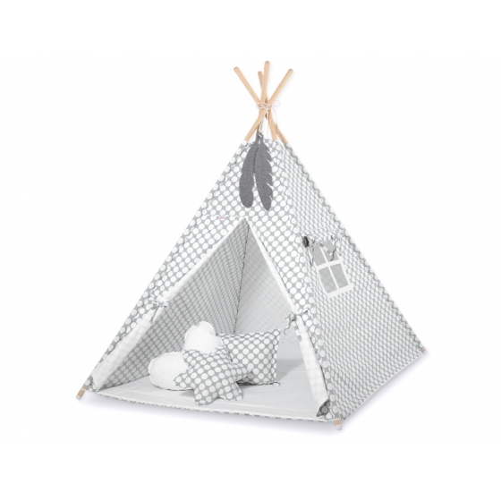Tipi Lektält med lekmatta och dekorfjädrar -grey med Vita Prickar