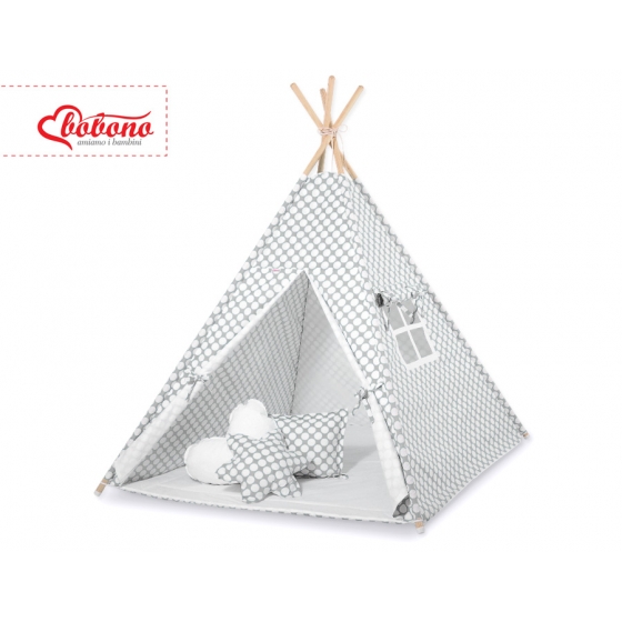 Tipi Lektält med lekmatta och dekorfjädrar -grey med Vita Prickar
