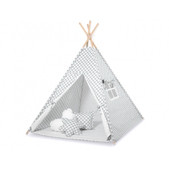 Tipi Lektält med lekmatta och dekorfjädrar -grey med Vita Prickar