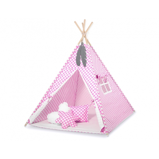 Tipi Lektält med lekmatta och dekorfjädrar- rosa med Vita Prickar