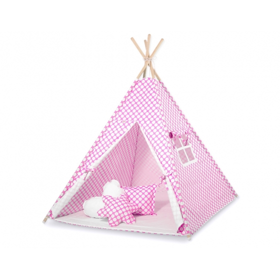 Tipi Lektält med lekmatta och dekorfjädrar- rosa med Vita Prickar