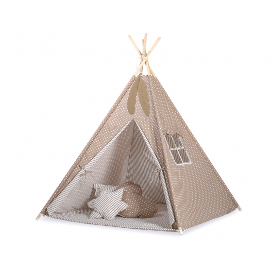 Tipi Lektält med lekmatta och dekorfjädrar- Vita Prickar på brown/beige ränder
